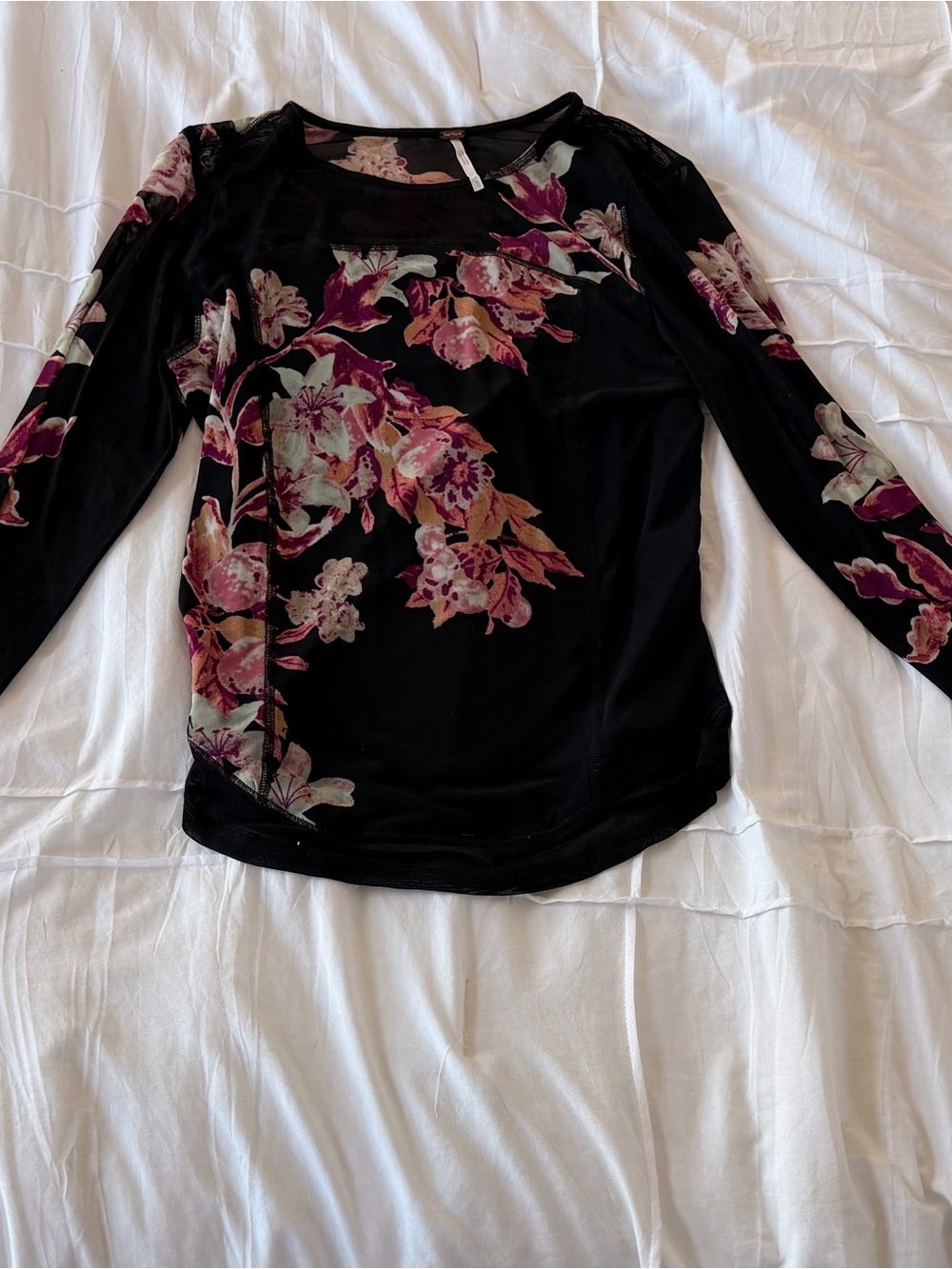 NWOT Free People Black Long-Sleeve Floral Tee with Pink Accents